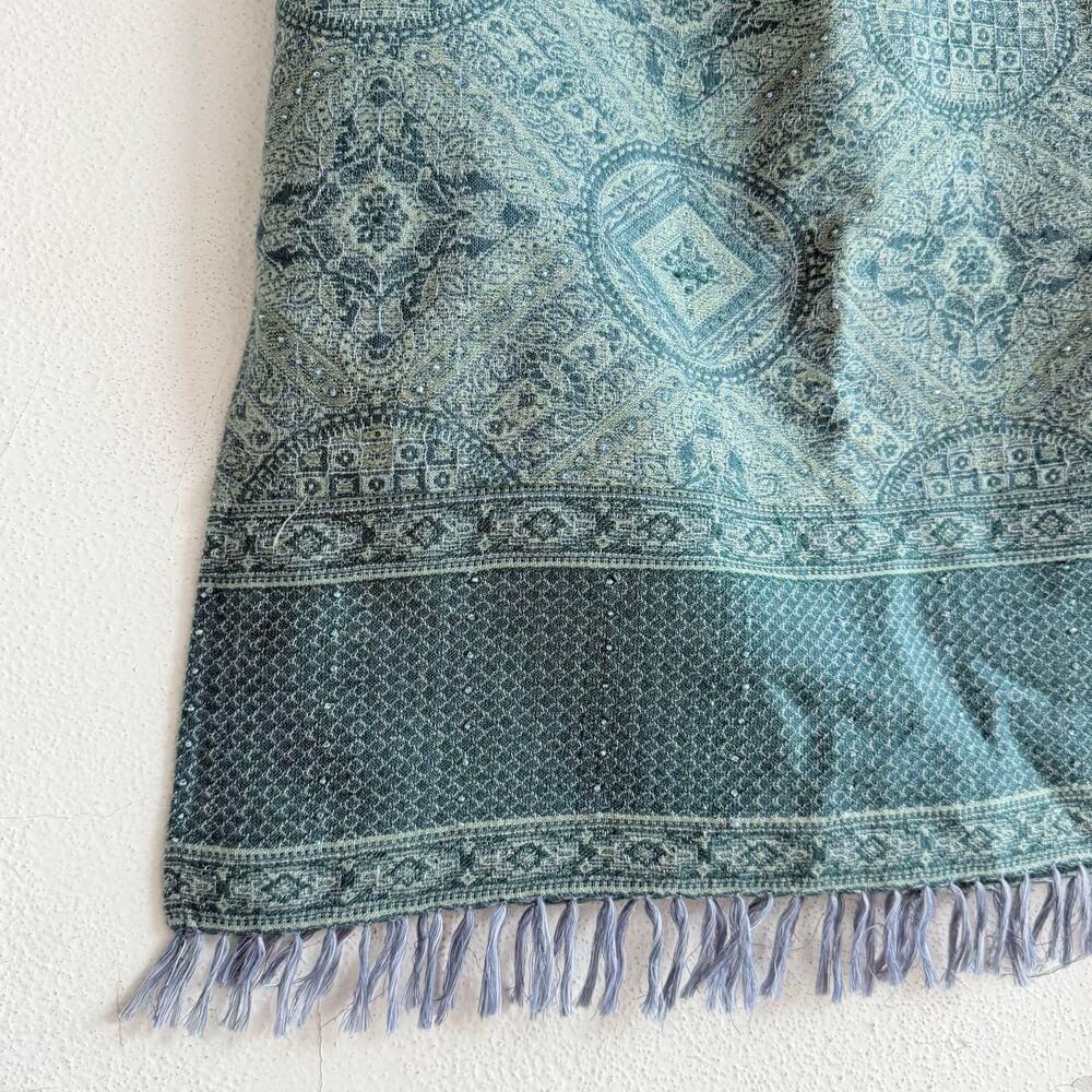 Vintage Tapestry Skirt Aqua Teal Midi Woven‎ Fringe Hem 90s Cottagecore Size 6 - Picture 2 of 7